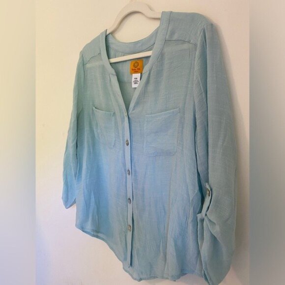Ruby Rd Petite XL Light Blue Button-Down Blouse W/ Roll-Tab Sleeves - Picture 5 of 8